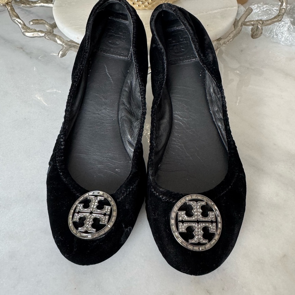 Tory Burch Black Velvet Flats with Silver Emblem size 9.5